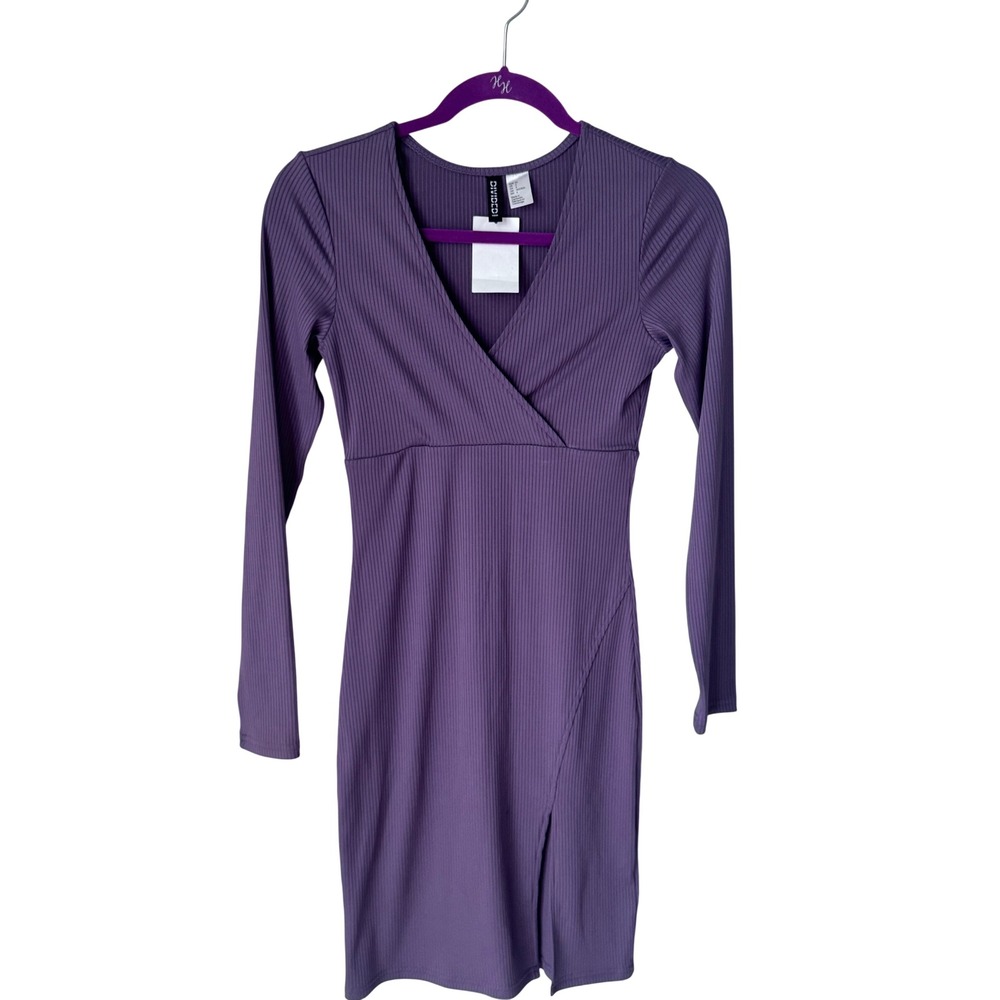 H&M Divided Purple Ribbed Long Sleeve Surplice V-Neck Mini Dress US 4